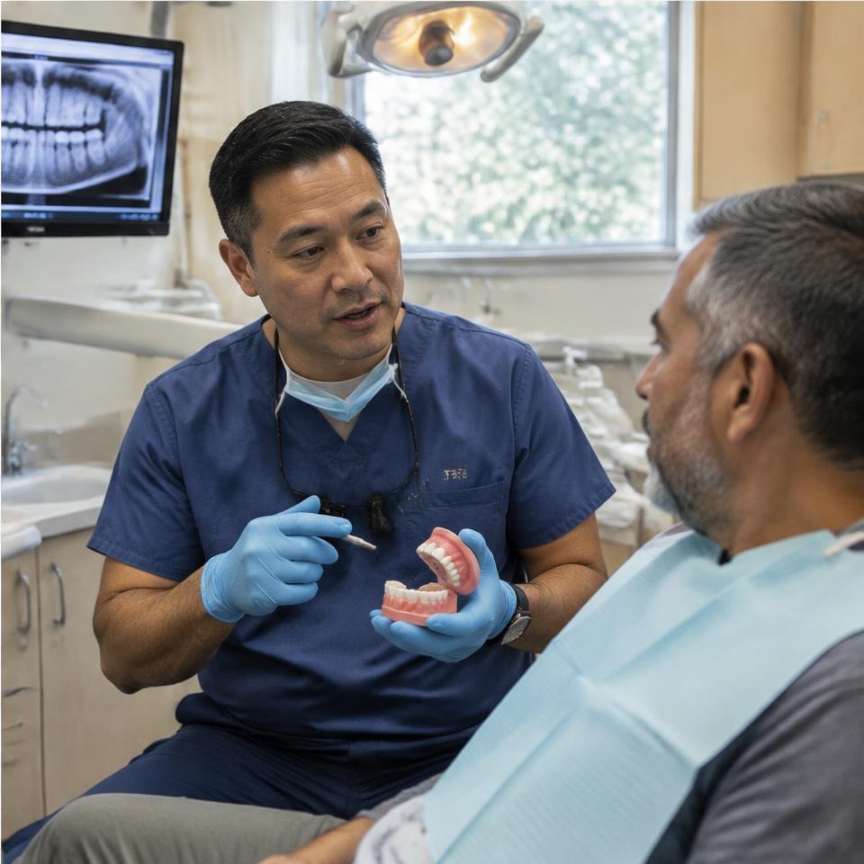 Dentist explaining dental care to a patient