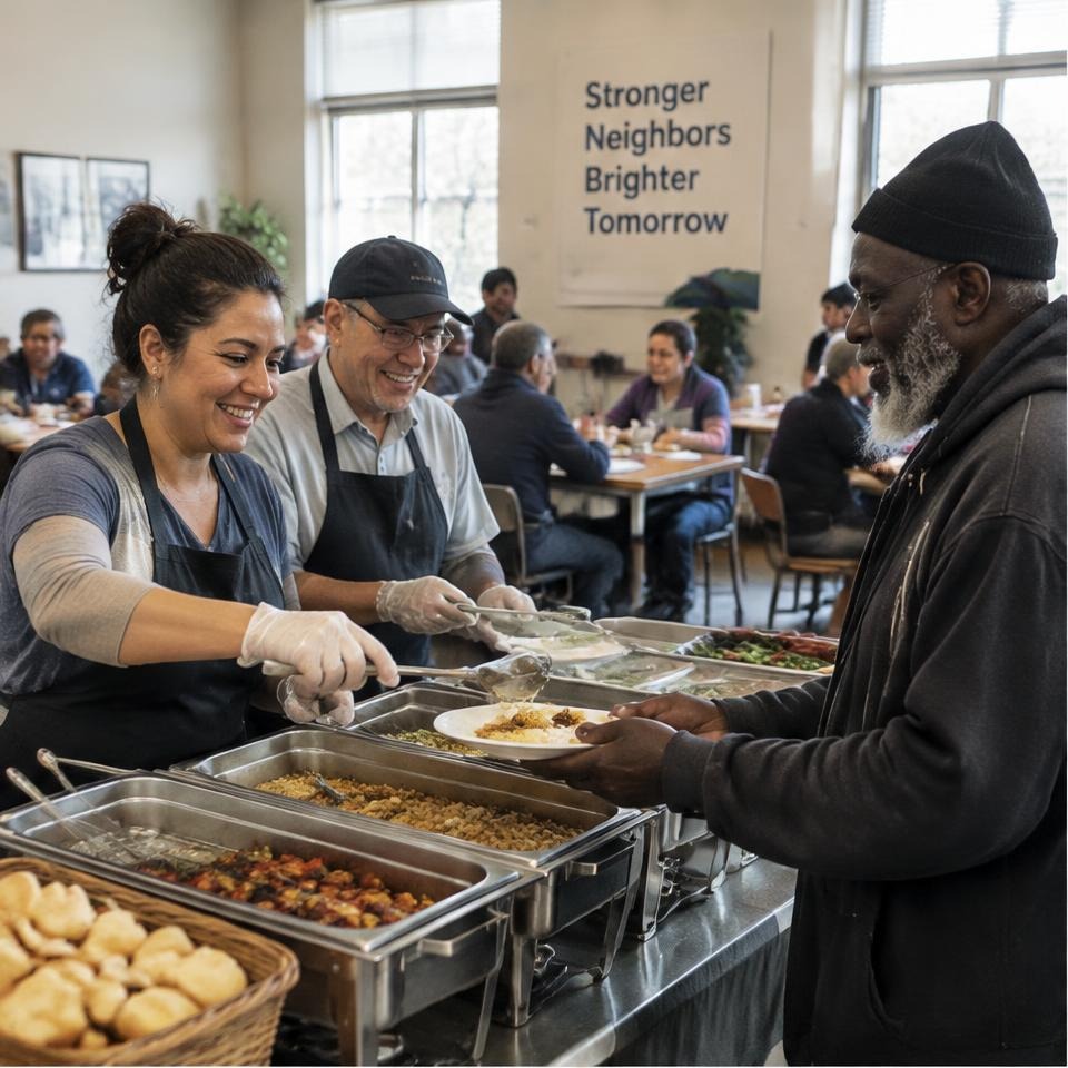 Volunteers serving lunch in a community dining room