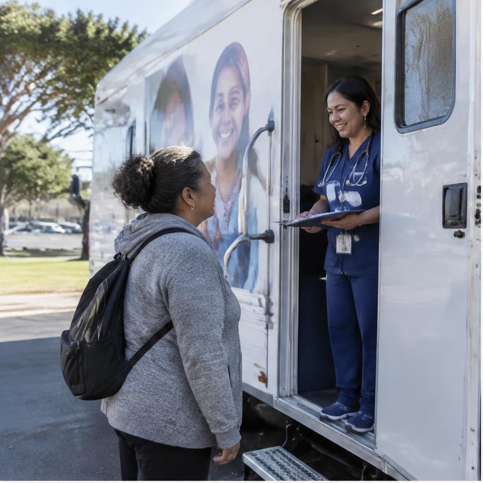 Clinician greeting a patient at a mobile health clinic
