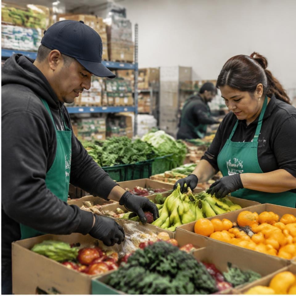 Volunteers arranging fresh produce at a food pantry