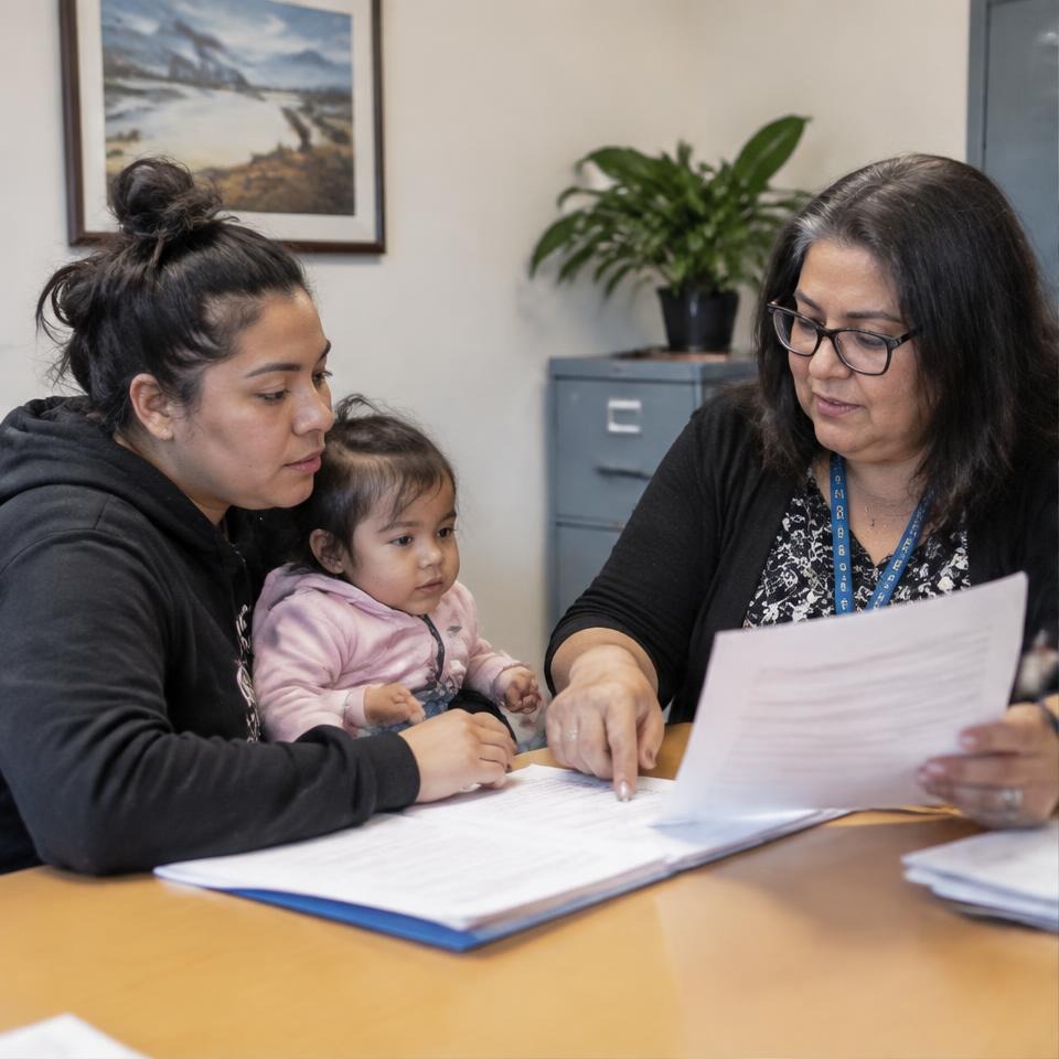 Parent reviewing housing paperwork with an advisor