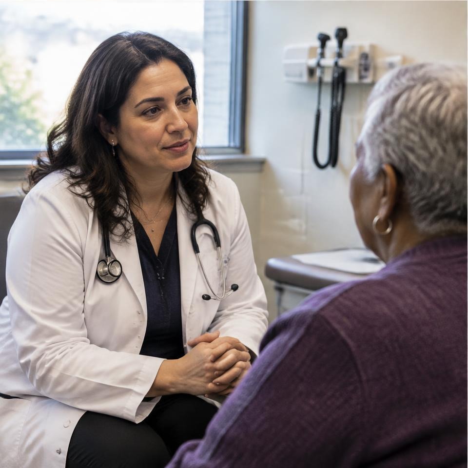 Physician listening to a patient in a community clinic