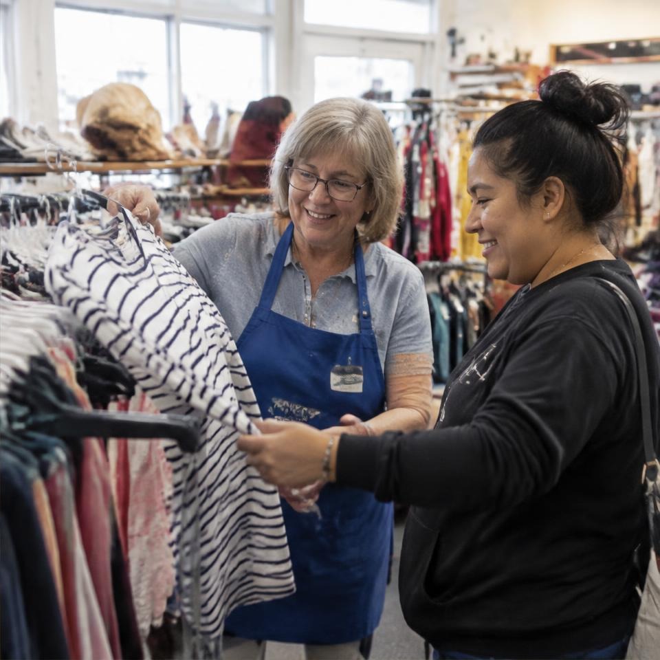Volunteer helping a shopper in a thrift store