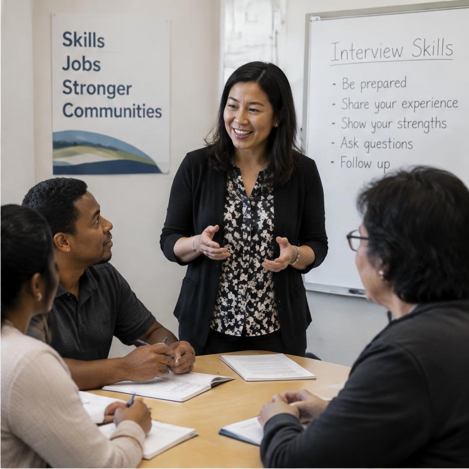 Adults practicing job interview skills together