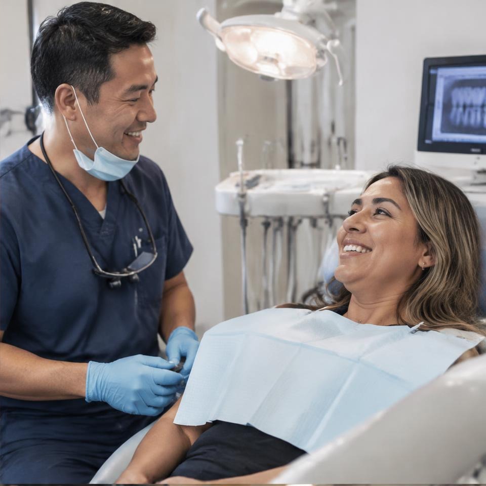 Dentist consulting with a patient in an exam room