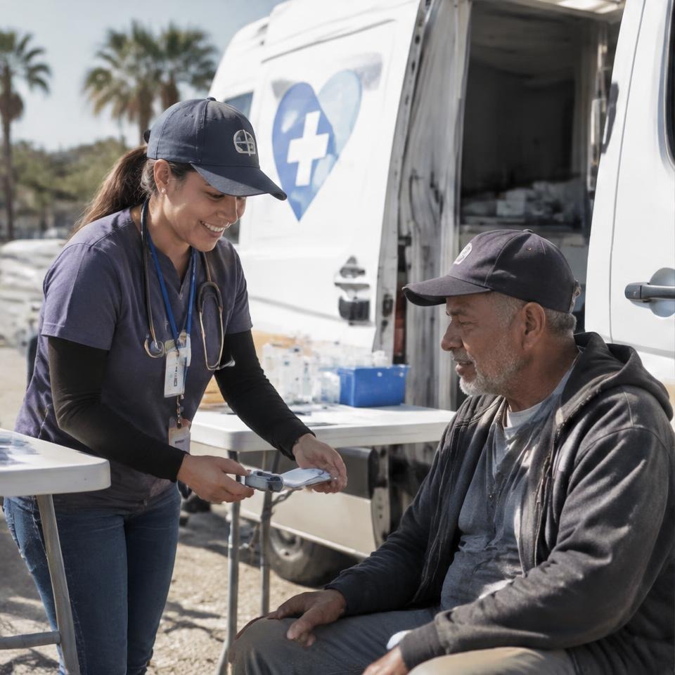 Mobile medical team helping a patient beside a clinic van