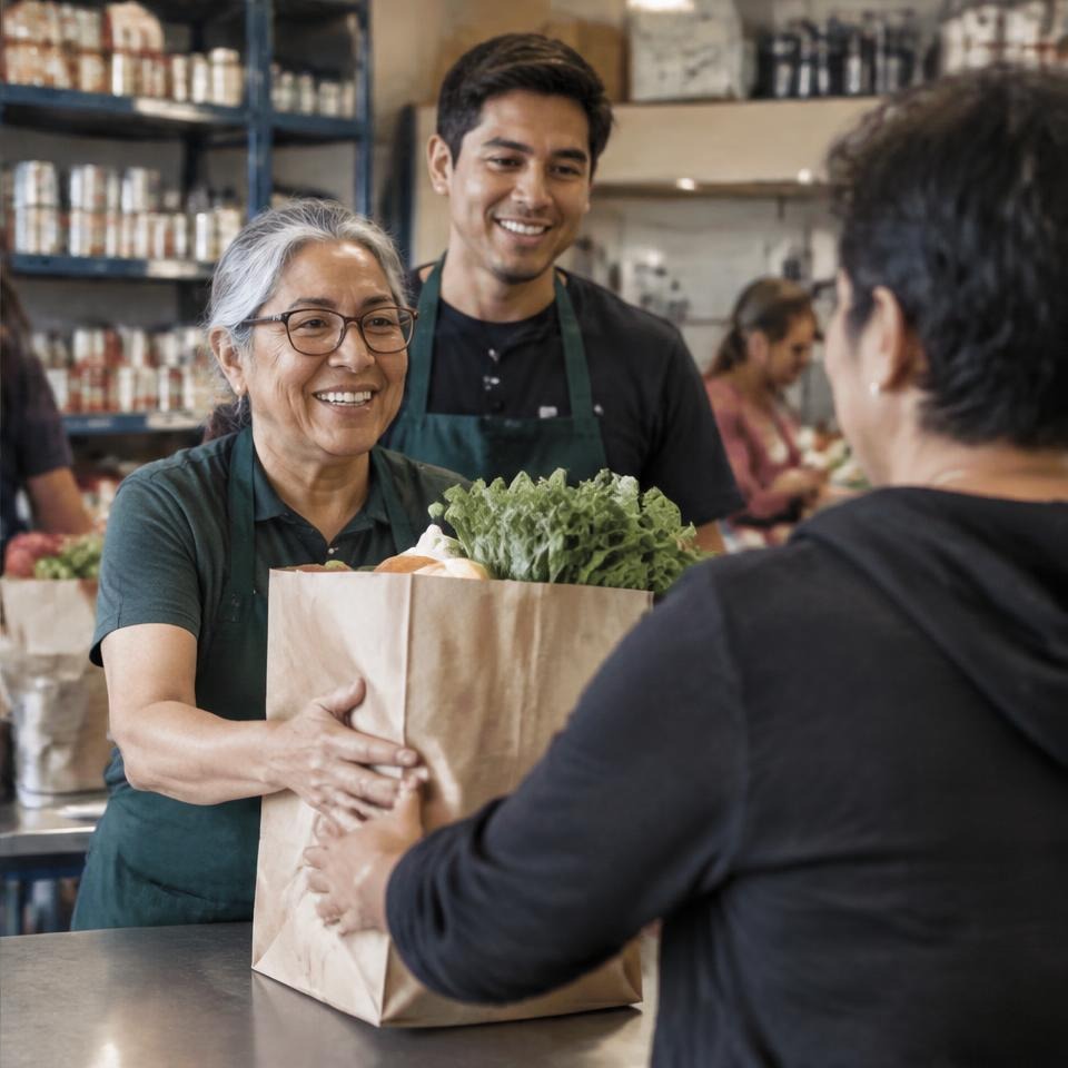 Volunteers handing a bag of groceries to a neighbor
