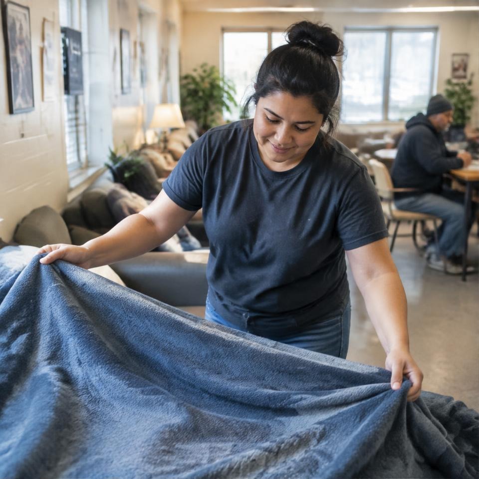 Volunteer preparing bedding in a community shelter