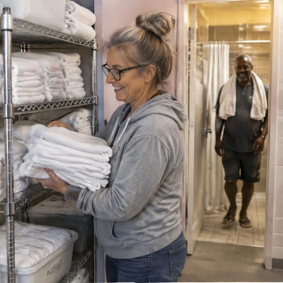 Volunteer organizing fresh towels for shower guests