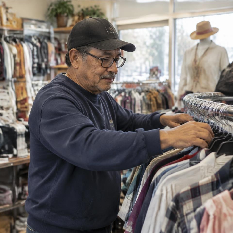 Volunteer sorting donated clothes in a thrift store