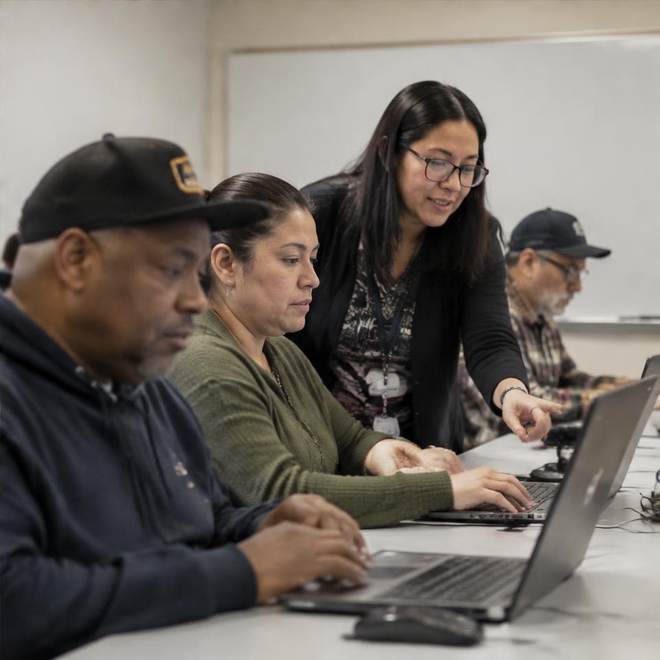 Adults learning computer skills in a community classroom