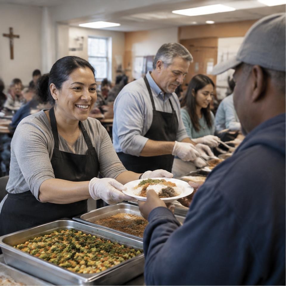 Volunteer serving a hot meal in a dining room