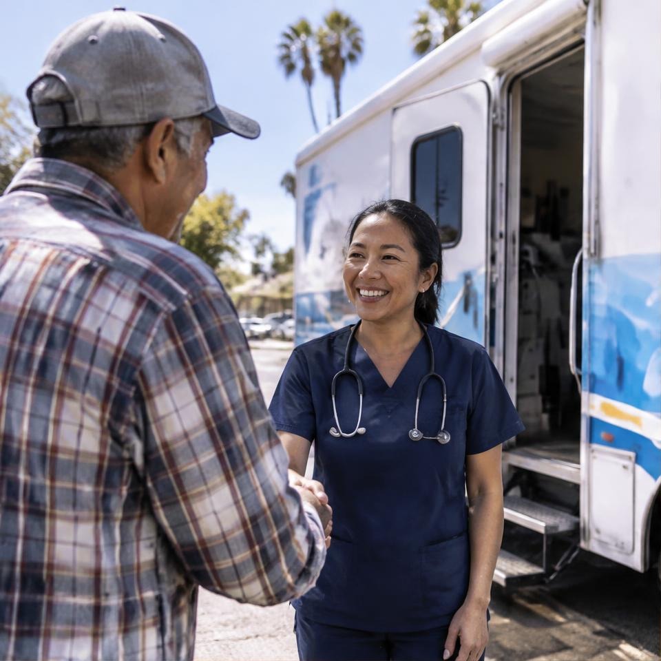 Clinician greeting a patient beside a mobile clinic