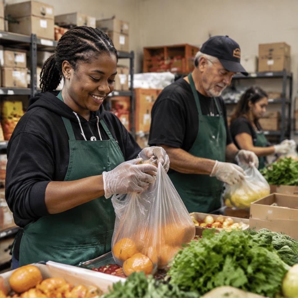 Volunteers bagging fresh produce at a pantry
