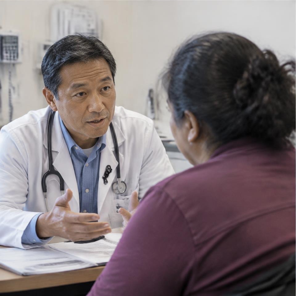 Physician speaking with a patient at a free clinic