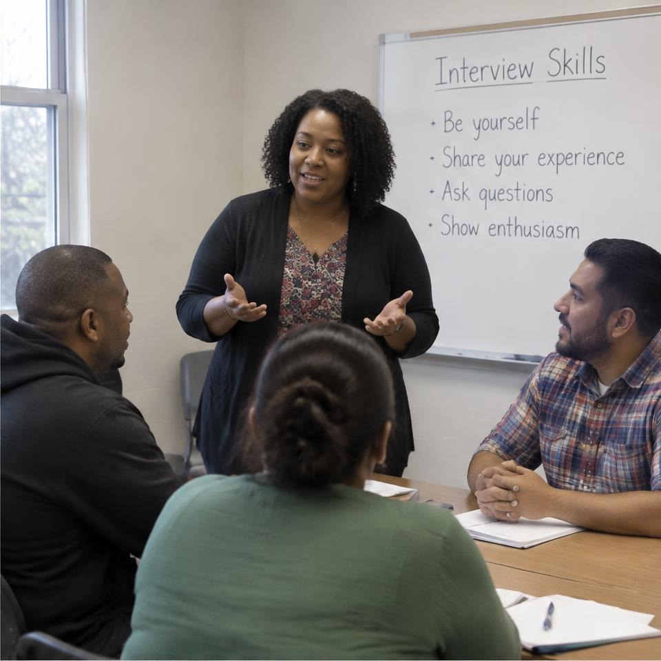 Job seekers practicing interview skills together