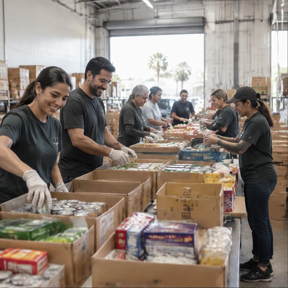 Volunteers preparing groceries together for local neighbors