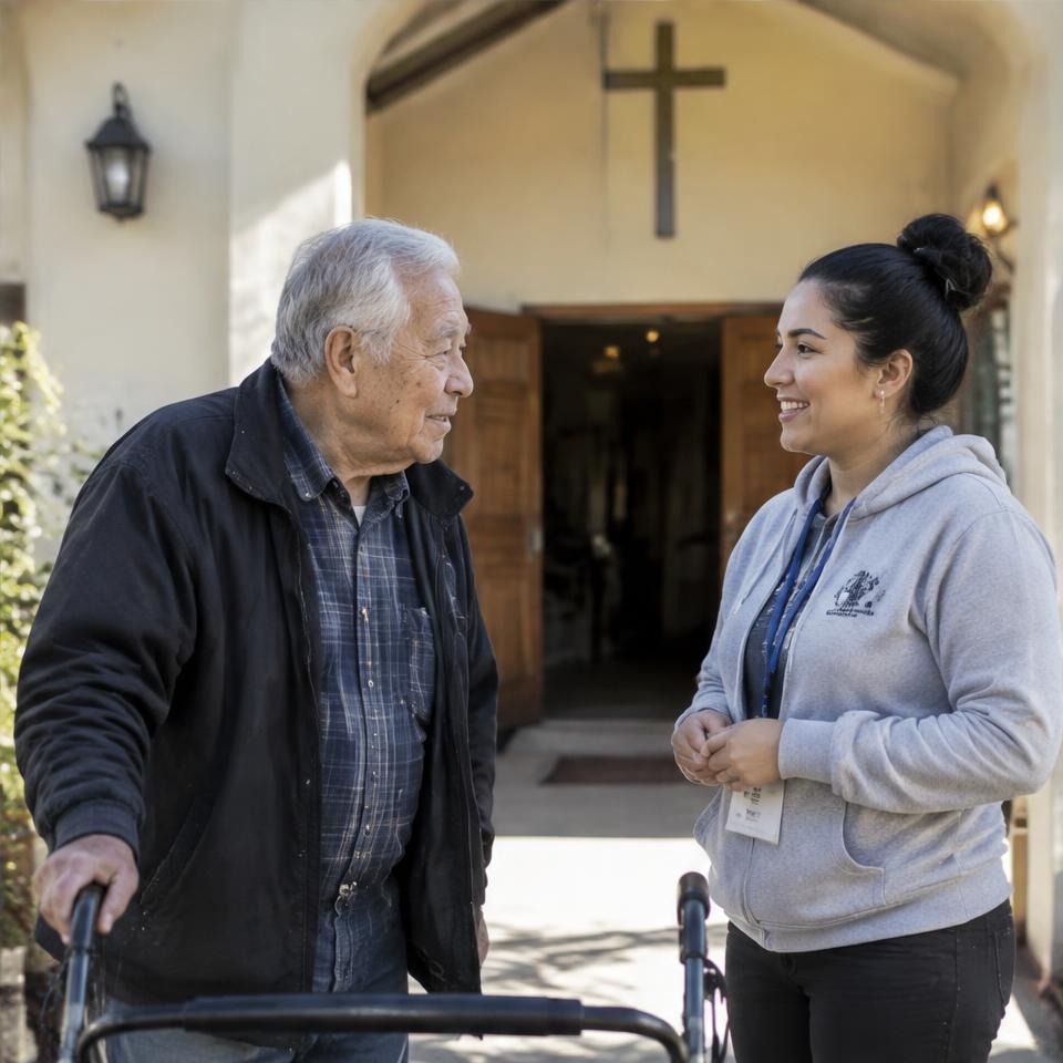 Volunteer and neighbor speaking outside a community center