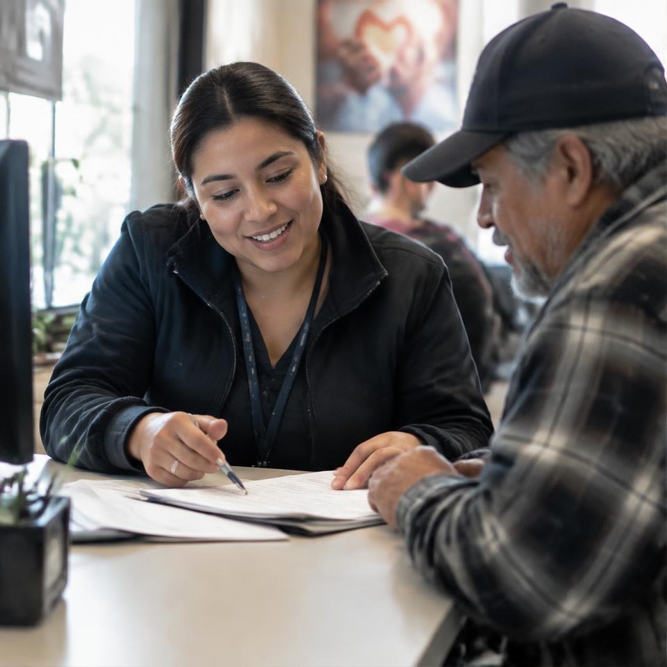 Volunteer helping a neighbor complete a form at a resource center