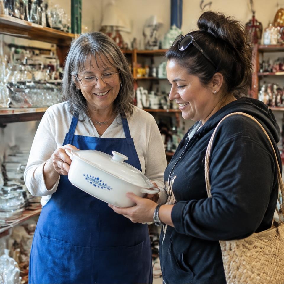 Volunteer helping a customer select household goods at a thrift store