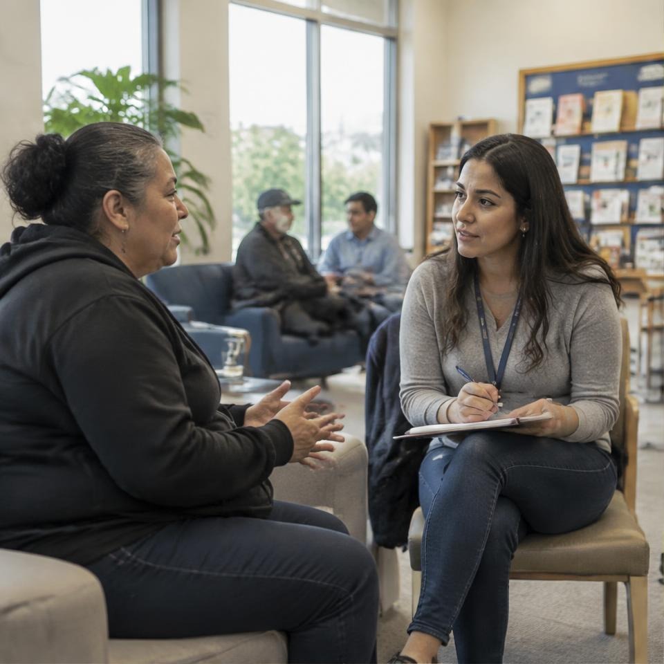 Volunteer listening to a neighbor at a community resource center