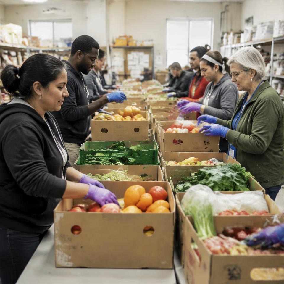 Volunteers packing fresh groceries for neighbors