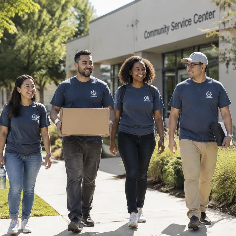 Community volunteers arriving at a service center together