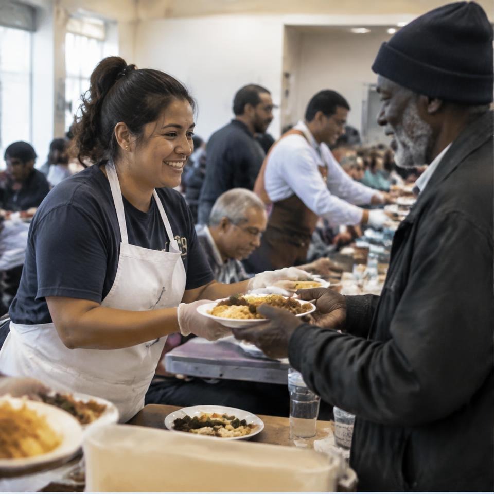 Volunteers serving meals in a community dining room