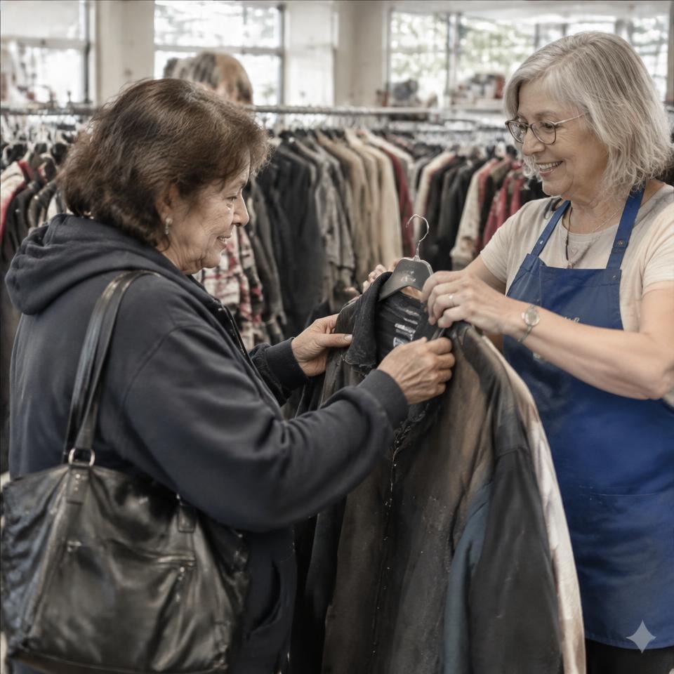 Volunteer helping a customer in a community thrift store
